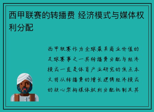 西甲联赛的转播费 经济模式与媒体权利分配